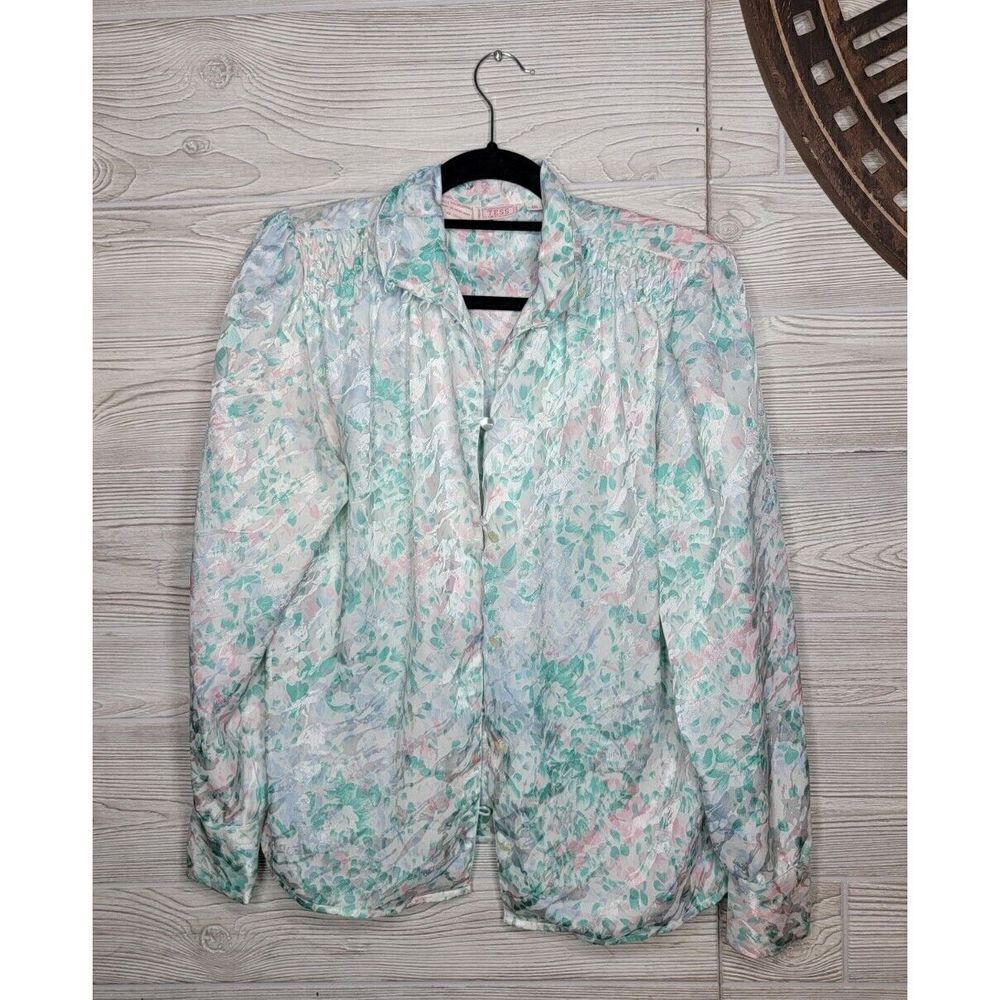 Vintage Tess Paris Milano Blouse Top 80s Sz 10 Watercolor Shoulder Pads Hipster